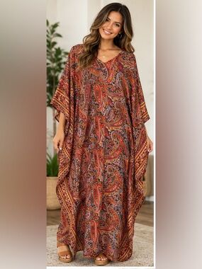 Rhea Paisley Kaftan Caftan Maxi Dress - New With Tags- O/S One Size- see measure